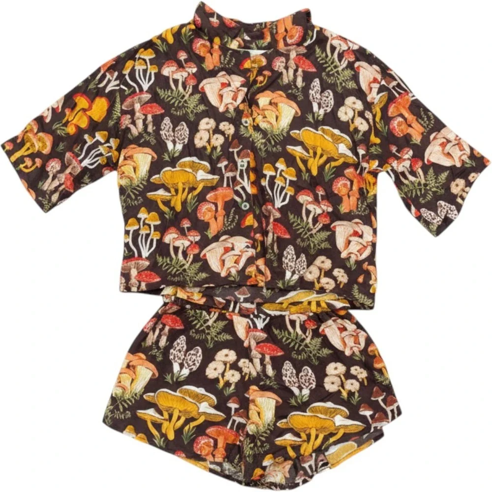 Printfresh Mushroom Medley Pajama Set Brown Viscose Short Sleeve Short XS earthy